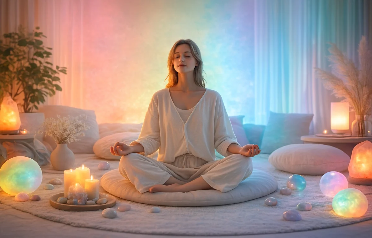 Жінка в стані глибокого розслаблення сидить у медитативній позі в просторі з м’яким кольоровим освітленням — візуальний образ того, як колір впливає на нервову систему, емоції та внутрішній ритм тіла